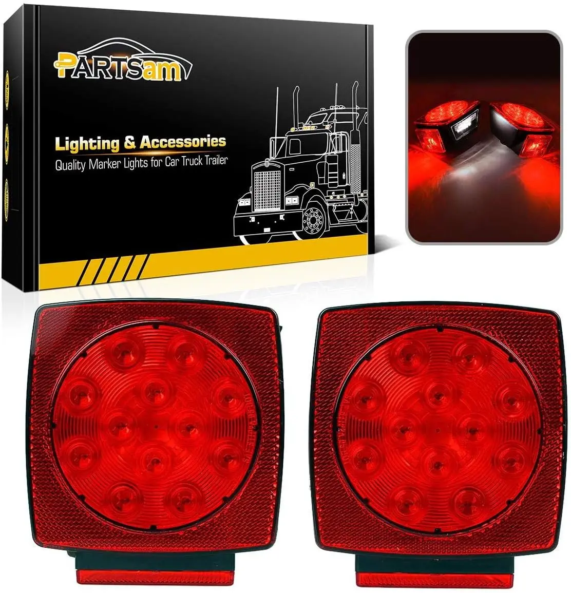 Partsam Submersible Square Red Led Trailer Tail Lights, IP68 Waterproof, DOT Compliant