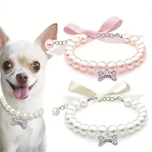 Adjustable Pet Pearl Necklace with Bow for Dogs - Elegant Faux Pearl Design with Bow Charm - Perfect for Small Dogs and Cats
