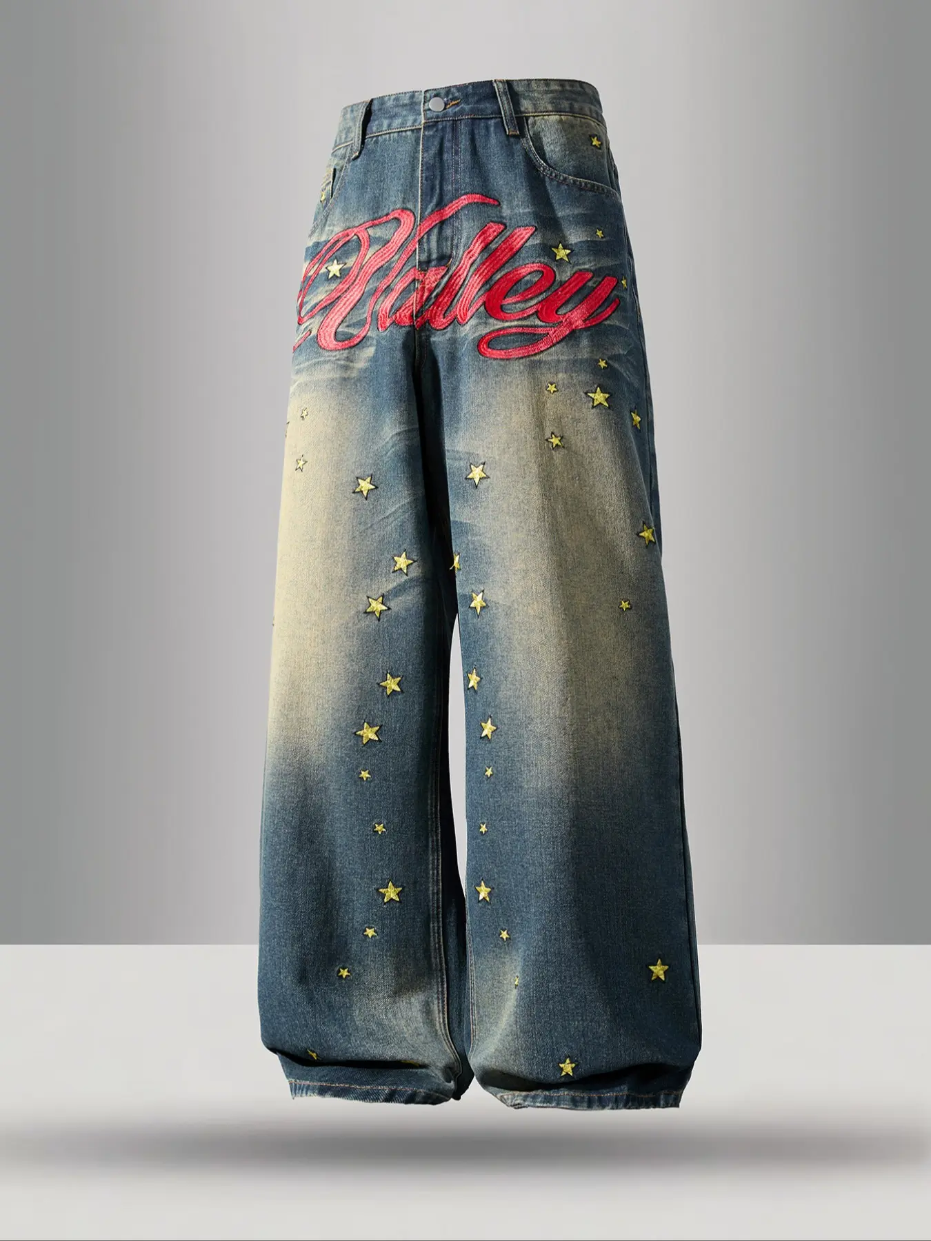 Men's American Vintage Washed Embroidered Denim Jeans, Loose Straight Leg Pants, Trendy Streetwear Embroidery Craft, Casual Versatile Gift Recommendation