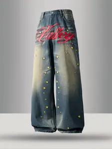 Men's American Vintage Washed Embroidered Denim Jeans, Loose Straight Leg Pants, Trendy Embroidery Craft, Casual Versatile Gift Recommendation