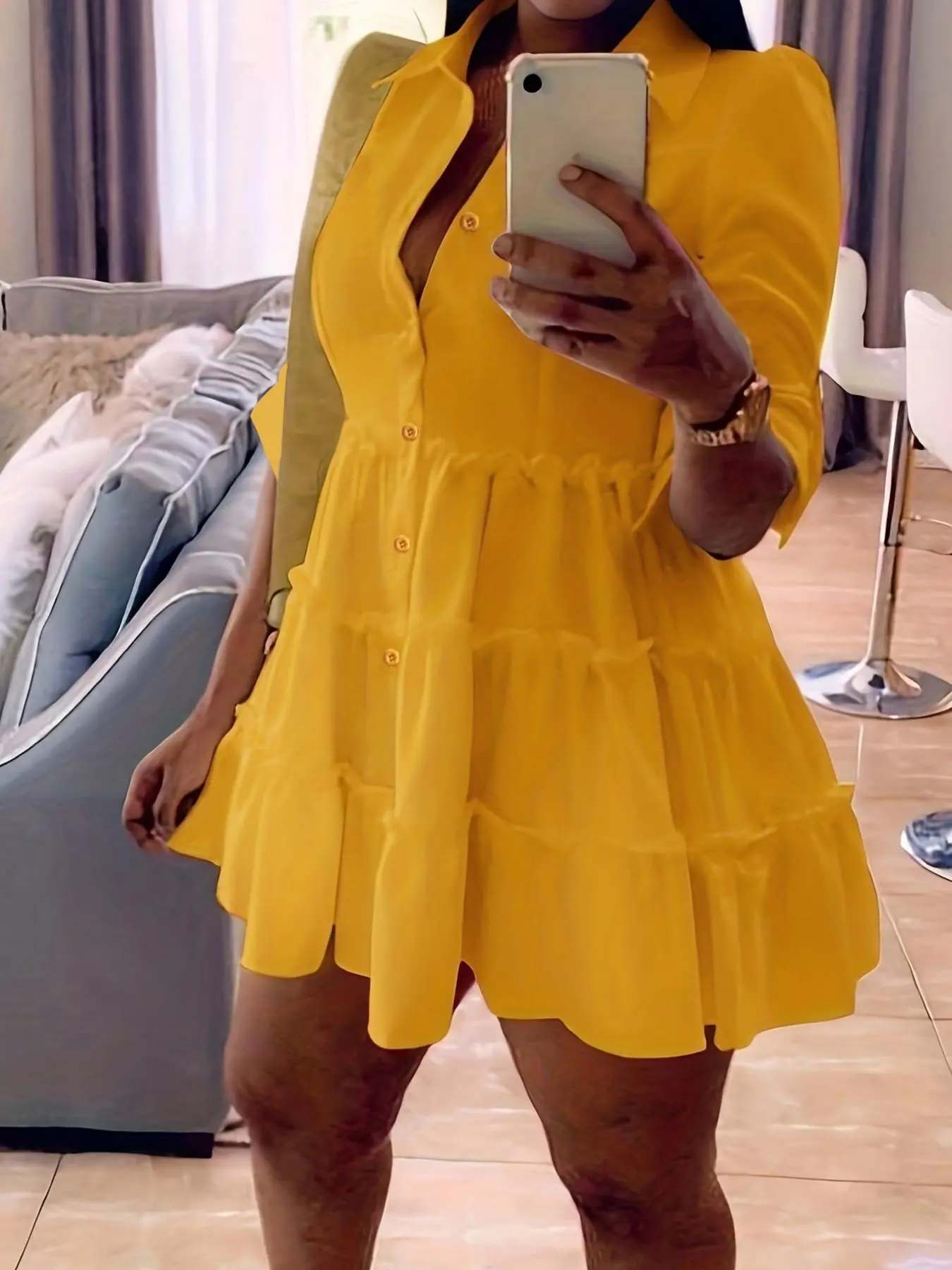 Women's Plain Collared Button-Front Shirt Dress with Frill Trim & Roll-Up Sleeves, Elegant Fashion Fitted Short Dress for Daily Outdoor Wear, Casual Summer Dress, Buttoned Dress, Chic Womenswear