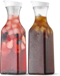 Plastic 50 Oz Water Carafe with Flip Top Lid, Set of 2 Square Base Juice Containers, Clear Plastic Pitcher - for Water, Iced Tea, Juice, Beverage, Cold Brew and Mimosa Bar - HAND WASH ONLY