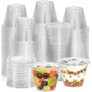 50 Sets, 9 oz Clear Plastic Cups With Flat Lids No Hole, Disposable Cups With Lids for Ice Cream, Pudding, Cake, Snacks Smoothie, Milkshake, Cold Drinks