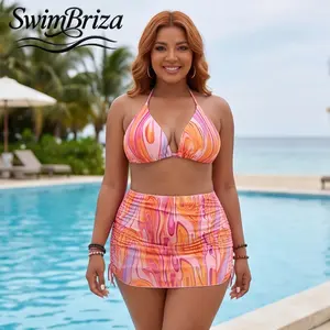 Briza｜Women's Plus Size Pink Orange Swirl Bikini Set Triangle High Waisted Two Piece Swimsuit with Cover Up Pucci Style Bathing Suit for Vacation Beach and Pool Summer Swimwear, Women's Swimwear, Bathing Suit for Women, Two Piece Bathing Suit