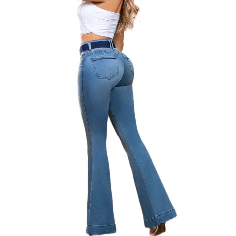 Ofori Jeans Lady High-Rise Jean Pants - Original Colombian Denim, 3-Button, Peach Skin Effect Fabric, Bell Leg, Slim-Fit Women's Fashion Bottoms Flared High Waist High Rise Slim Womenswear