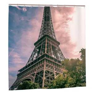 Eiffel Tower Shower Curtain | Paris Landmark, Pink Sky