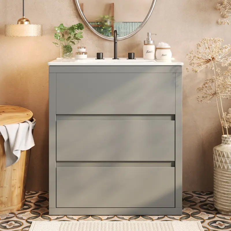 30" Bathroom Vanity with Ceramic Sink and 2 Full-Extension Drawers, Freestanding Bathroom Vanity with 45° Free-Handle Design, Soft Close Undermount Drawer Slides, Gray
