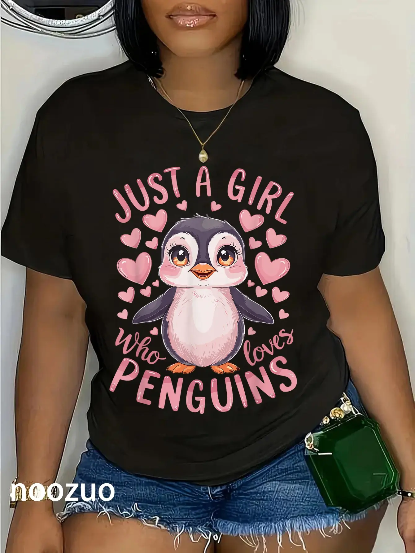 Women's 100% Cotton Casual Short-Sleeve Round Neck Graphic T-Shirt - Cute Penguin Print, Playful Look, Cartoon Animal Design, Penguins Logo Women's T-Shirts for Enthusiasts, Everyday Wear, Casual Fit