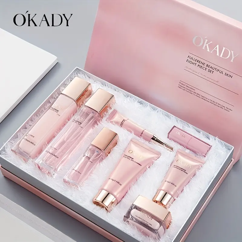 Fullerene Pink Girl Gift Set – Includes light beige care and makeup. Hydrates, reduces wrinkles, and is hypoallergenic. A must-have for girls. 8-piece set with foundation and lipstick. The perfect, stunning gift for any occasion.