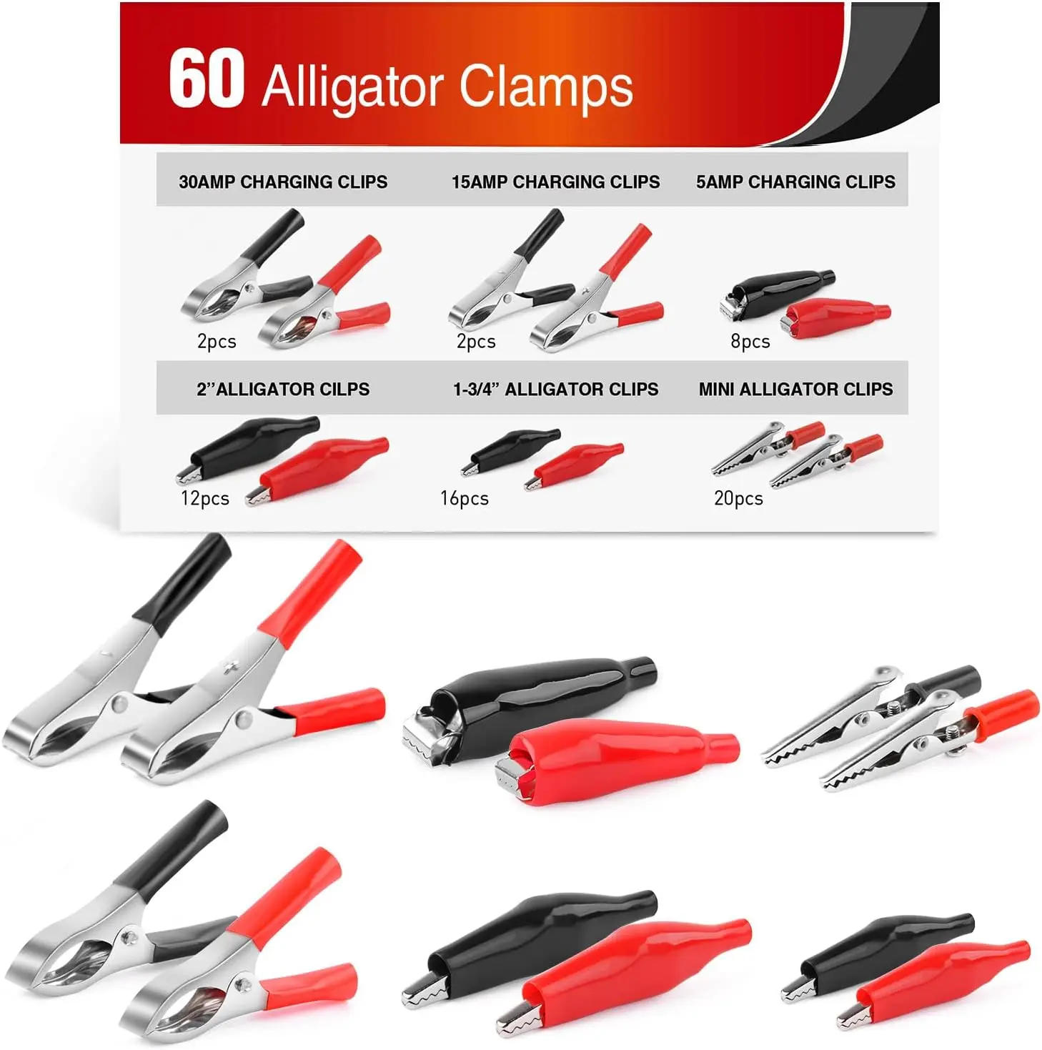 Nilight 60Pcs Assorted Sizes Shock-Safe PVC Insulation Metal Alligator Clips with Wires Terminal Connector Kit - 15-30A Electrical Test Lead, Car Battery Clamp for Automotive Towing, Winch, Home Use (Mini Clips for Fine Wire Holding)