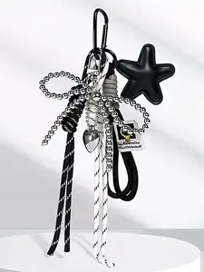Black And White Star Braided Rope Keychain, Multi Purpose Keychain, Stylish Keyring, Key Charms, Y2k Style Bag Charm, Pu Star Paired With Heart And Beaded Chain Bow, Can Be Used As A Car Key Pendant Or Bag Decoration, Versatile For Various Bags And Keys