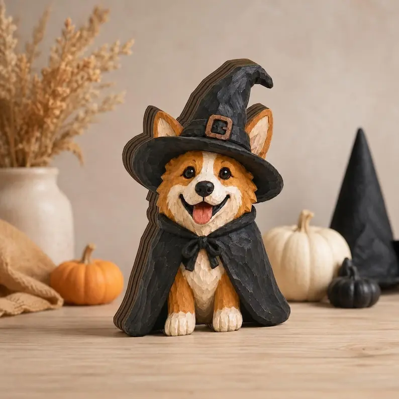 Halloween Wooden Block, Cute Corgi Witch And Ghost Decor, Pet Lover Gift For Friends And Family, Spooky Shelf Accent, Fall Home Decoration