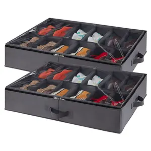 Lifewit Under Bed Shoe Storage Organizer, Foldable Fabric Shoes Container Box with Clear Cover Fits 24 Pairs of Shoes shoebox Racks Grey