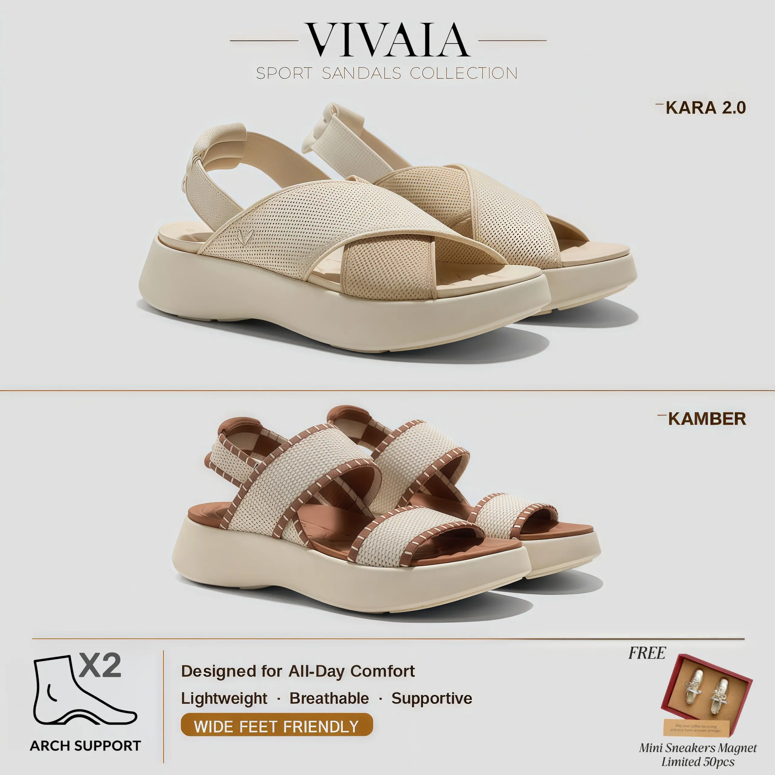 VIVAIA Arch Support Sport Sandals, Wide Feet Friendly Cushioned Travel Sandals, Footbed & Ultra Lightweight Rocker Sole for All day Wear Walking & Strolls, Elastic Strap, Platform Sandals, Summer Walker Sandals (Kara 1.0 & Kara 2.0 & Kamber)