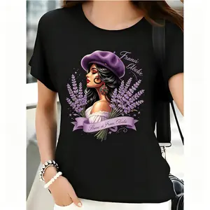 French Lavender Lady Graphic T-Shirt, Parisian Floral Art Tee, Purple Lavender Casual Black Top for Women