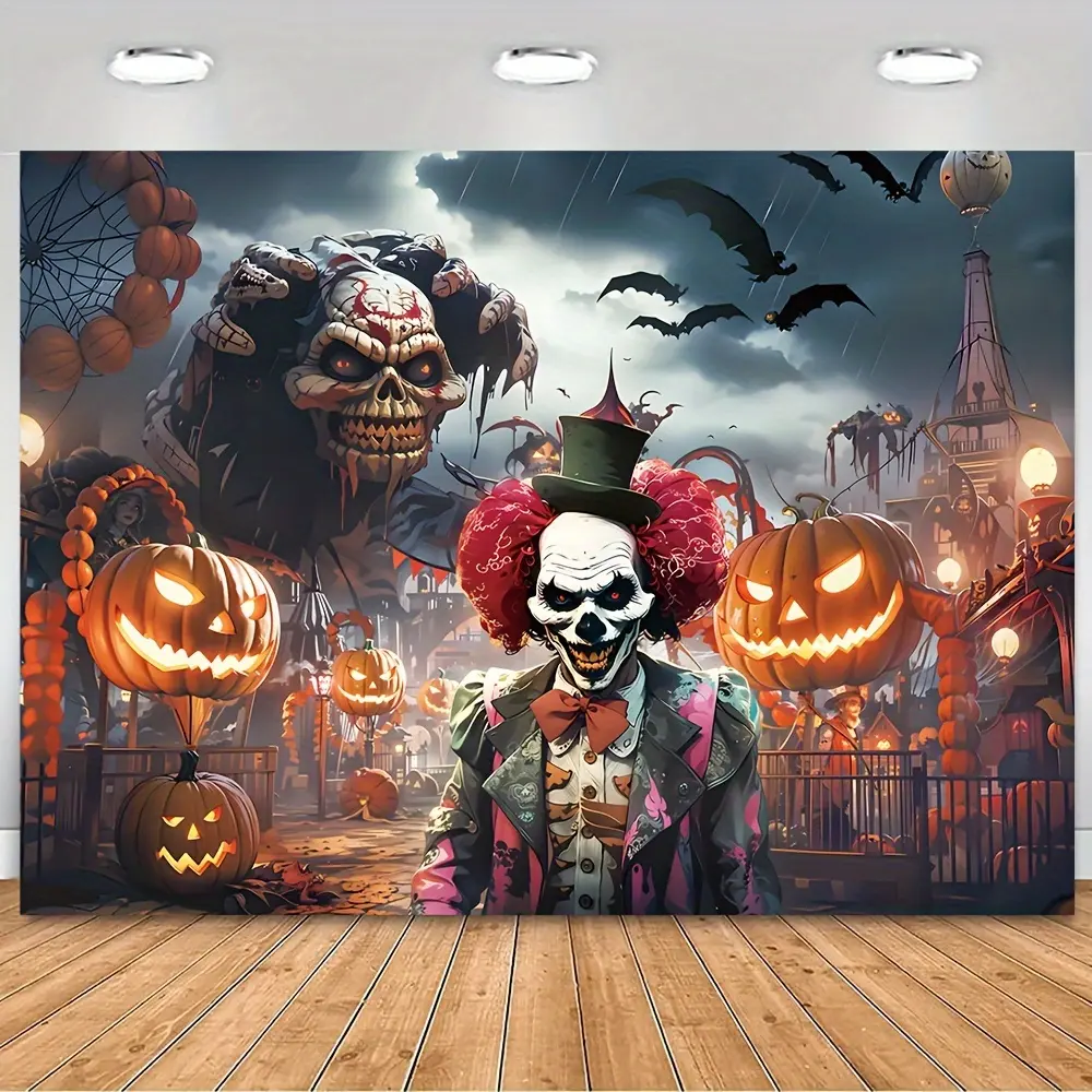 1pc, Halloween Carnival Night Vinyl Backdrop - Spooky Devil Skull,, and Pumpkin Scene with Ferris Wheel & Bats - Perfect for Holiday Parties, Wall Decor, and Photography - Available in Two Sizes, Halloween Decorations Banners Ornaments