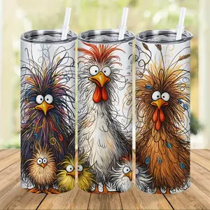 20oz Insulated Mug with Lid and Straw - Cartoon Chick Design, Reusable Travel Coffee Mug, Perfect for Tea and Cold Drinks, Machine Washable, Perfect Gift for Birthdays, Christmas, and Holidays.