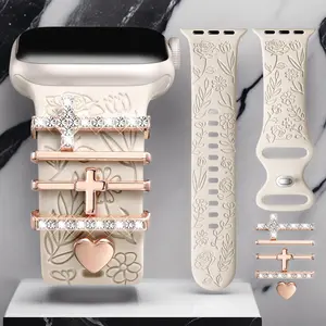Digi Floral Engraved Band with Charm for Apple Watch 38–42mm Women – Soft Silicone Dressy Strap, Decorative Wildflower Wristband for iWatch All Series