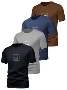 4 Piece Short Sleeve Round Neck T-Shirts Fitted, Casual Commuter Wear, Urban Office Style, Simple Letter Box Print, Breathable Fabric, Unisex