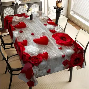 【 1PC 】 Romantic Printed Polyester Tablecloth with Rose, Pearl, and Heart Patterns, Suitable for Home, Kitchen, Restaurant, Party, Holiday - Indoor/outdoor Use