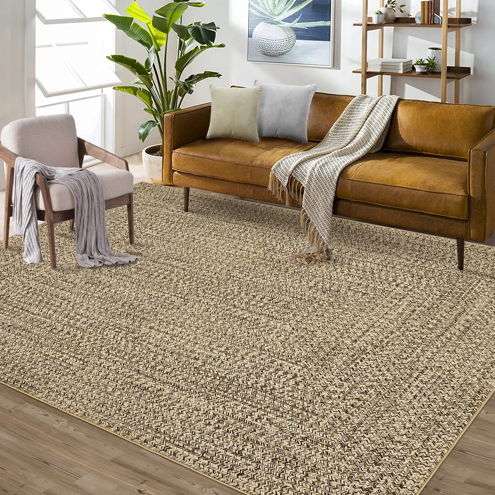 Washable Solid Living Room Rugs, Braided Print Soft Non Slip Area Rug for Bedroom, Indoor Modern Minimalist Textured Large Under Table Carpet for Dining Room Farmhouse, Stain Resistant Floor Cover for Home Decor