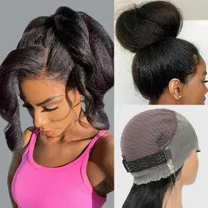 Pre Cut 360 Kinky Straight Invisi Strap Glueless Wigs Malaysia Human Hair 13x6 Hd Transparent Lace Front Wig Yaki Straight 360 Full Lace Frontal  Wigs With Invisi Drawstring Pre Cut Pre Plucked SummerVibes
