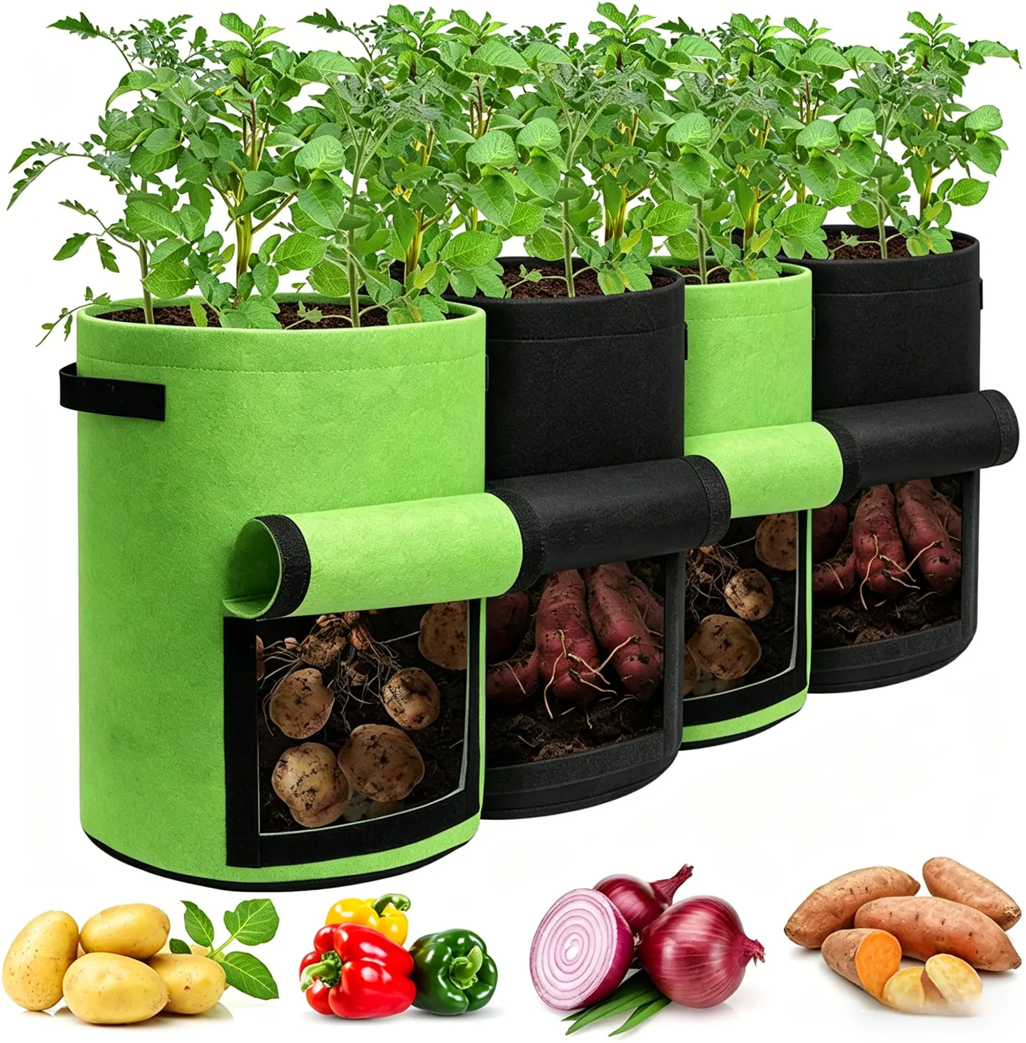 Potato Planting Bag, 10 Gallon Durable Fabric Garden Pot, with Flip Cover and Handle,4 pcs ,2 Green, 2 Black