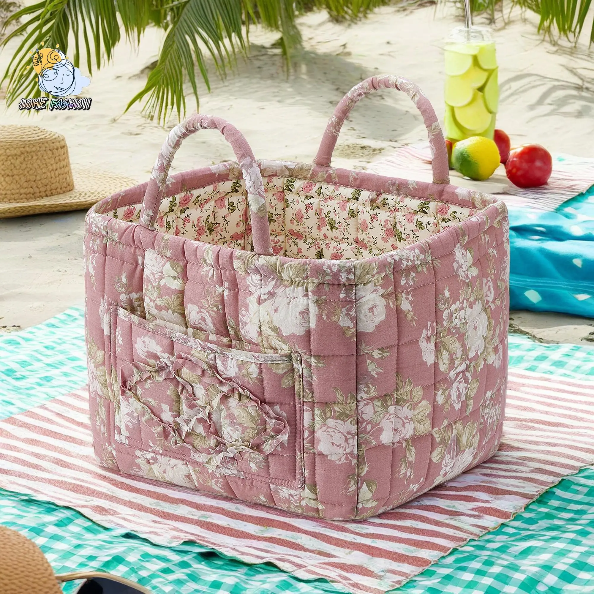 Floral Fabric Storage Organiser Baskets - Large Capacity Home Organizers with Easy-Carry Handles for Laundry Use