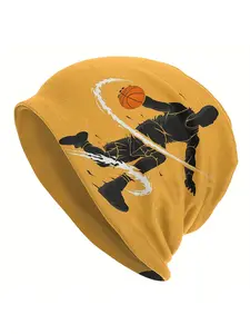 Men' Basketball Silhouette Beanie Hat with Hoop & Player - Sporty Novelty Skull for Casual Wear, Gym, Events - Comfortable Bonnet for Fans & Athletes