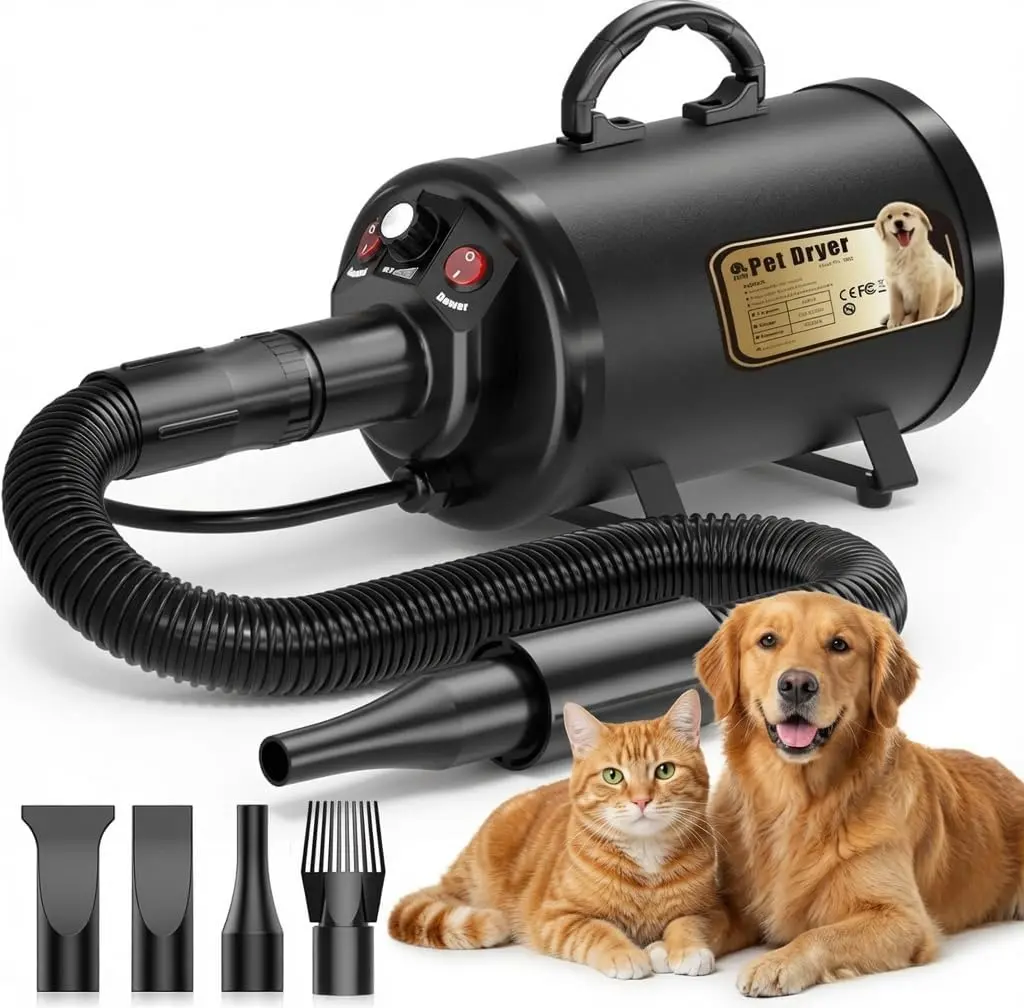 PETNF 4-Nozzle High Velocity Dog Dryer Set, 3.2HP Pet Grooming Blower - Adjustable Speed & Temperature, 25-65 m/s Airflow, 85°F-140°F, 73-in Heat-Resistant Hose, Low Noise, Heat Protection, Fast Drying for German Shepherds, Husky in Grooming Environments