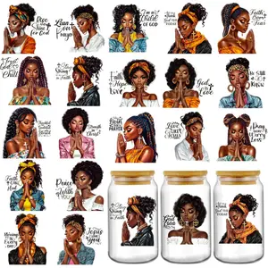 Black Women UV DTF Stickers - Customizable Stickers 20 Sheets Christian Faith Uvdtf Tumbler Wraps for 16 oz Glass Water Bottle, African American Girl Praying Transfer Sticker Decals DIY Mug Bumper Diary Creative Decoration