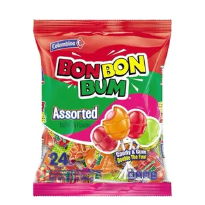 Colombina Bonbonbum Assorted - 24 Individually Wrapped Lollipops with Bubble Gum Center