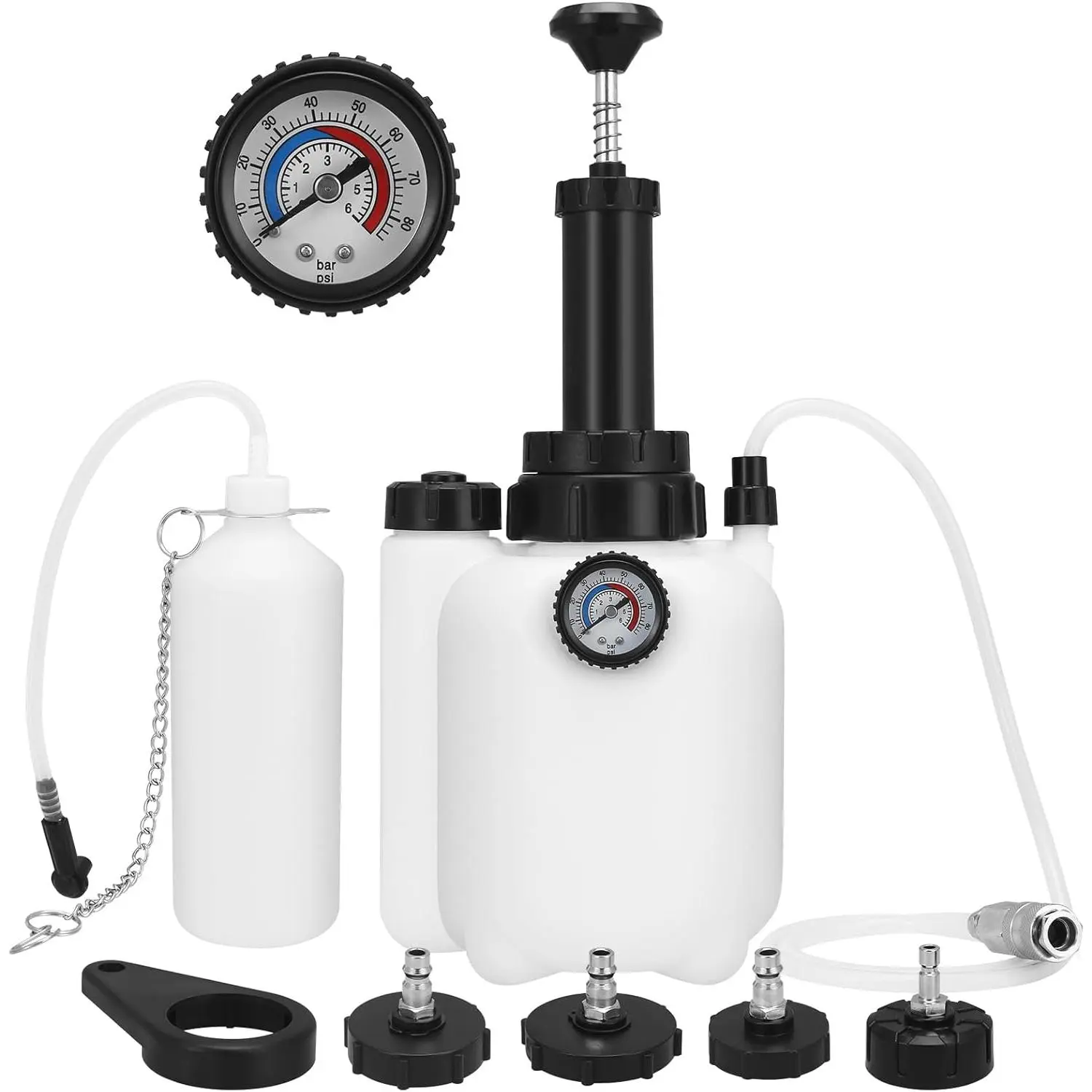 3L Pneumatic Brake Bleeder Vacuum Kit - 1-Man Op., Reverse Bleed, 1L Bottle, 2 Brake Hoses, 4 Master Cylinder Adapters, 42-in Quick-Disconnect Hose, Portable Cordless Tire Inflator Pump - Car Tire Inflation Tool for Automotive Use, Car Tire Inflator