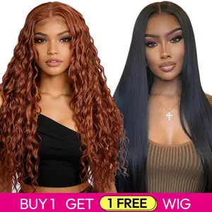 Buy 1 Get 1 Free Blended Human Hair Lace Front Wig | 180% Density, Transparent Lace - Limited Offer #350 Ocean Wave Wigs & #1B Straight Hair Wig
