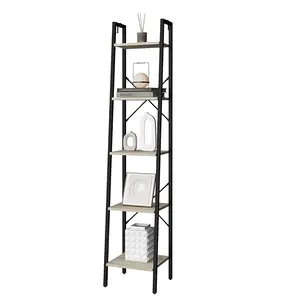 Hzuaneri Ladder Shelf, Bookshelf Bookcase, Freestanding Corner Storage Shelve with 2 Hooks for Home Office, Living Room, Kitchen, Bedroom, Industrial, 11.8" D x 13.4" W x 63" H, Greige BC03205B