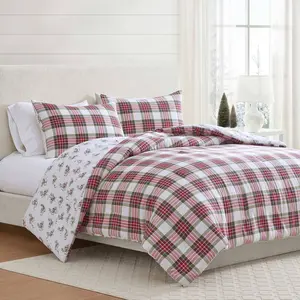 Martha Stewart 3pc Full/Queen Yuletide Spruce Plaid/Holiday Ribbons Comforter Bedding Set Red