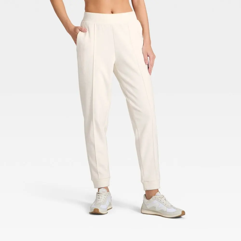 Women's Velour Ribbed Jogger Sweatpants - All In Motion, Elastic Waist, Recycled Poly Fabric, Side Pockets, For Travel Workouts