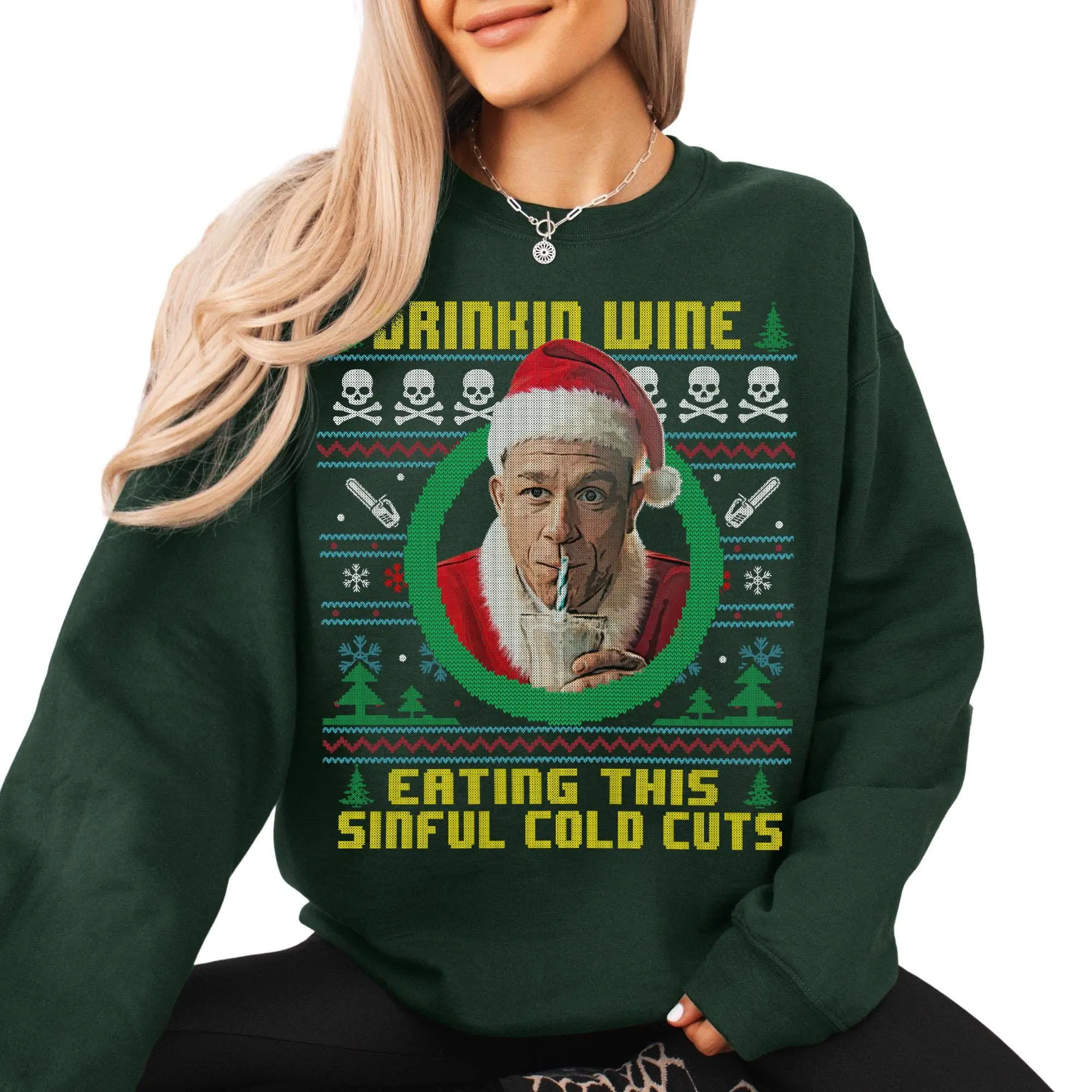 Funny Charlie Hunnam Drinking Wine Sweatshirt – Eating These Sinful Cold Cuts Christmas Ugly Sweater, Holiday Party Gift for Wine Lovers, Xmas Sweater, Ed Gein Hoodie