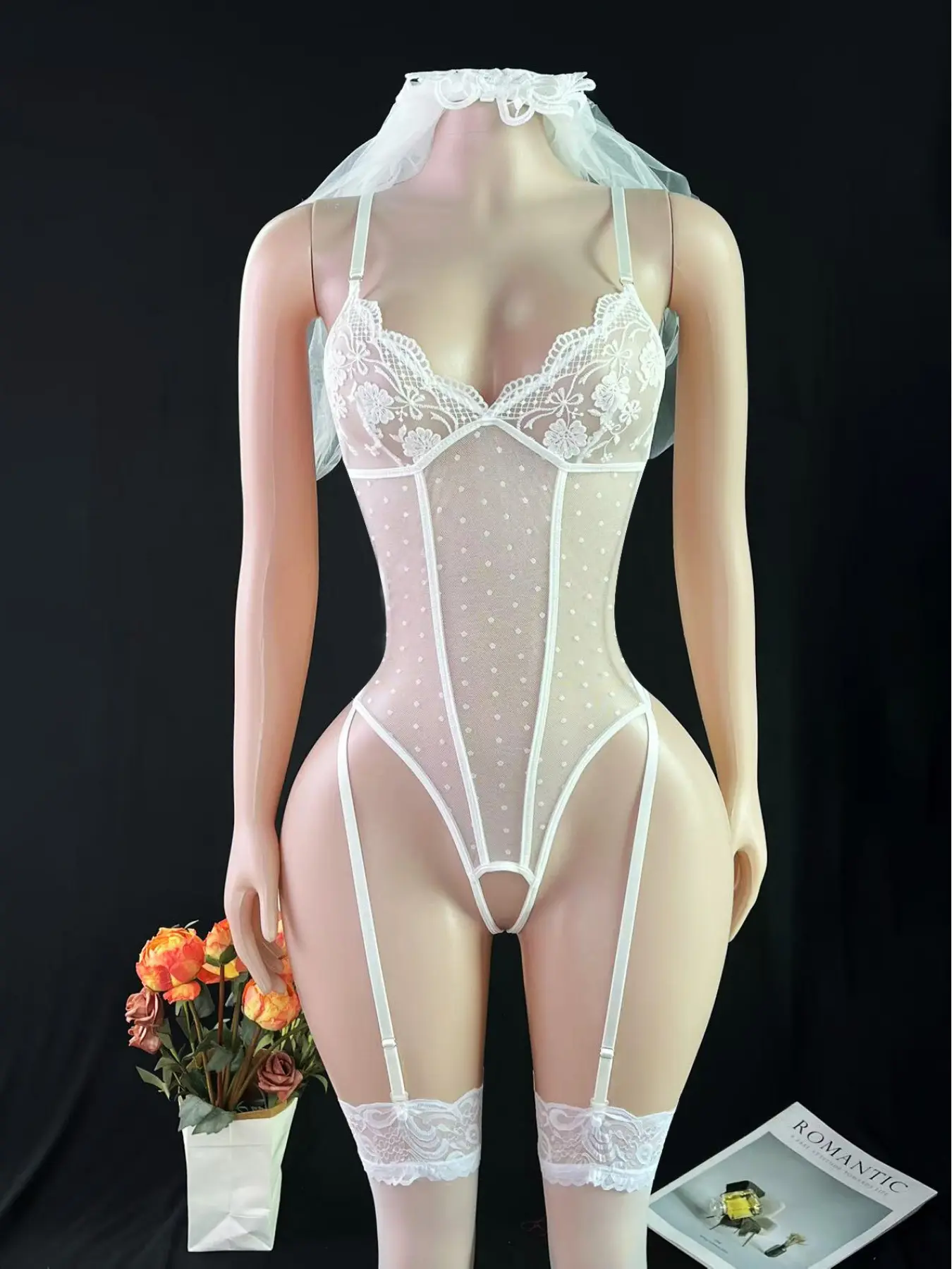 Women's Sexy Water Soluble Floral Mesh Bridal Bodysuit, Lace Spliced Sheer See-through Wedding Lingerie, Wire-Free 4-Piece Set Includes Bodysuit, Veil and Mesh Stockings, Ideal for Private Parties curvy apple shape girl