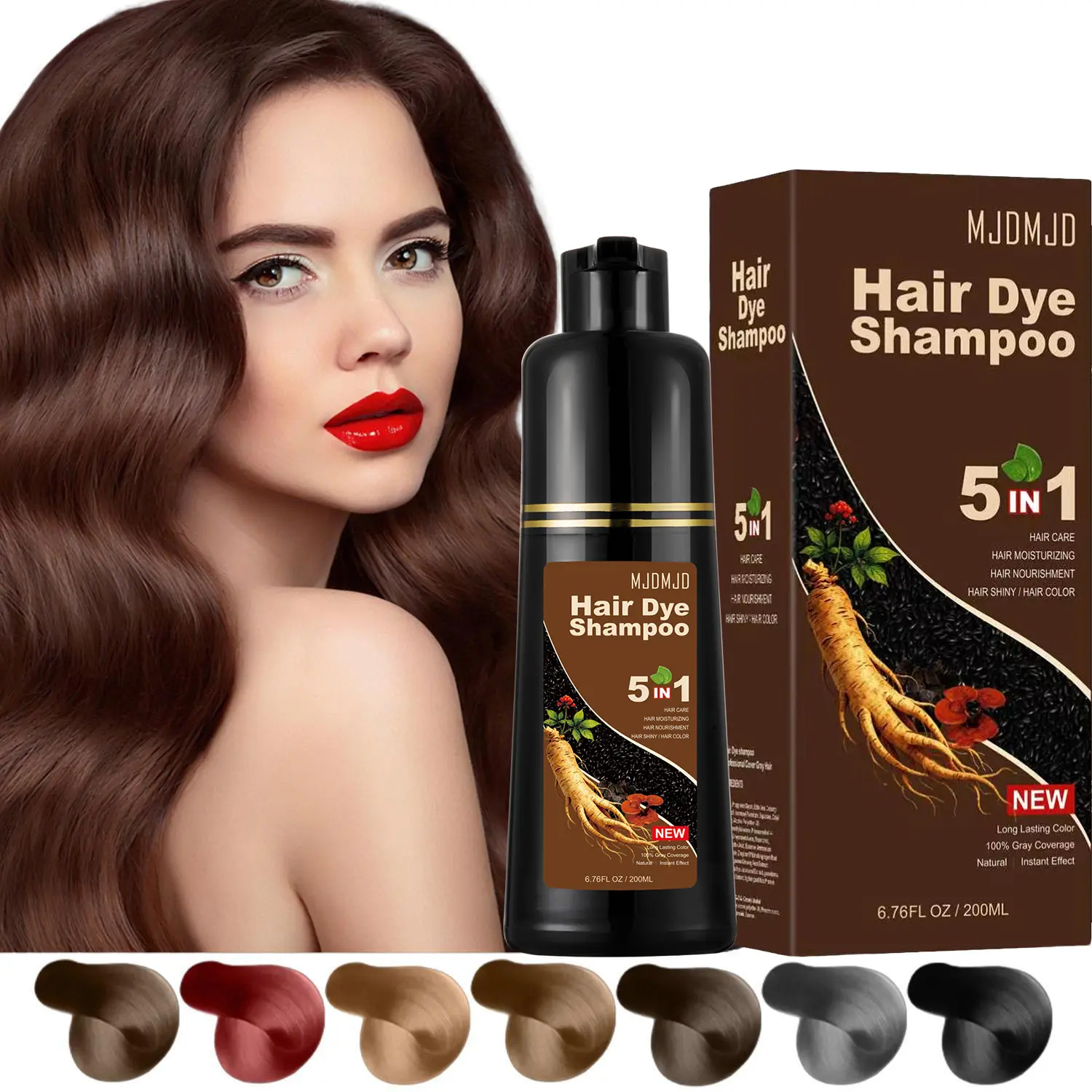 5-in-1 Dark Brown Hair Dye Shampoo – Natural Hair Color Shampoo with Ginseng, 100% Gray Coverage for Men & Women,  Long Lasting Dark Brown, Easy to Use 200ML
