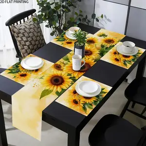2D flat printing, 1 piece/4 pieces set sunflower flower pattern sunflower prints table runway placemat set, Table Placemats, Dining table mats, Home decor, suitable for restaurant decoration, kitchen accessories, holiday activities indoor and outdoor use