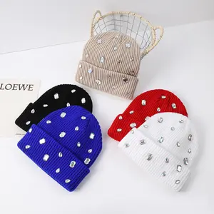 2-piece set of fashionable and versatile water diamond embellished cold hat, a popular autumn and winter trend pullover knitted hat, a punk style hat with diamonds