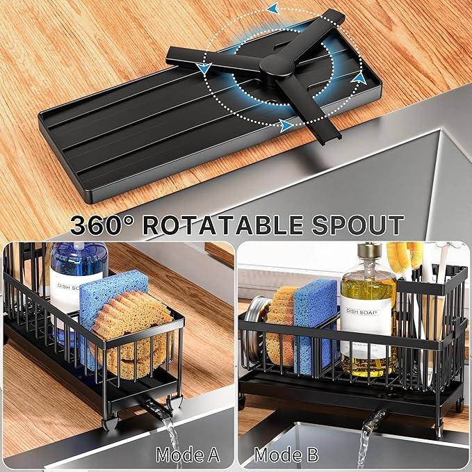 Kitchen Sink Caddy Organizer – 304 Stainless Steel Sponge Holder with Brush Holder, Rustproof Dish Soap & Sponge Rack, Countertop Kitchen Organizer (Black 9.25”)