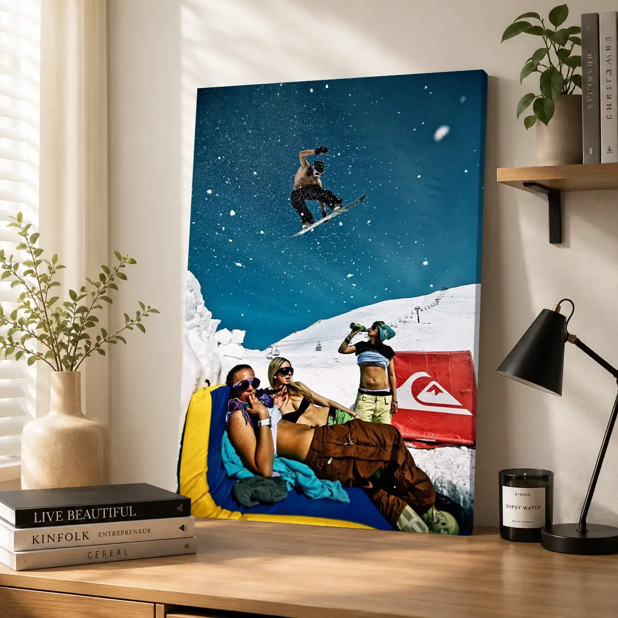 Minimalist artistic hanging artwork featuring a snowboard jump at a ski resort—winter mountain photo. 2D flat print canvas wall art poster; wall decoration/home décor; extreme sports wall décor for teen bedrooms; ski cabin home wall décor.