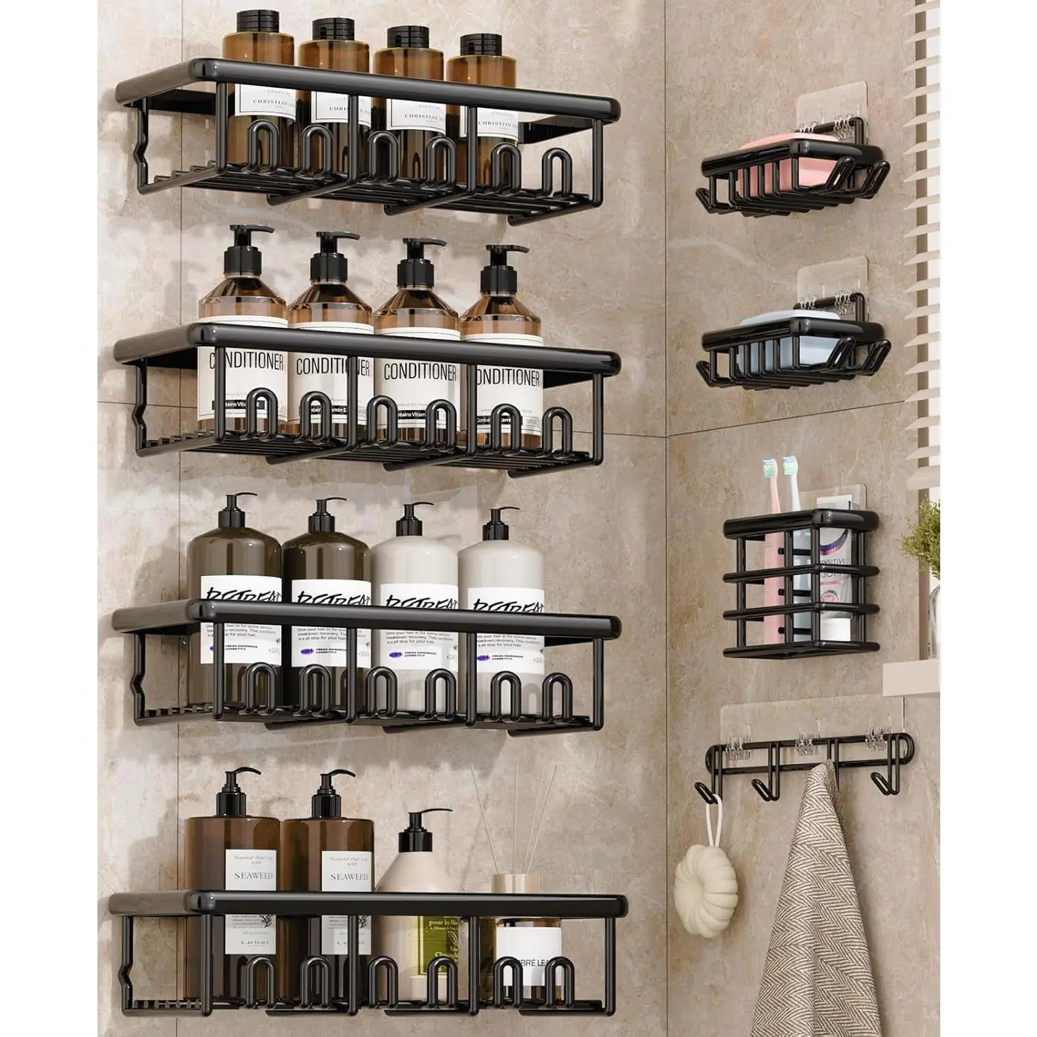 Black 8-Piece Bathroom Accessory Set - Rust-Proof Self-Adhesive No-Drilling Required Shower Organizers, Caddy, Rack, Soap Dish, Toothbrush Holder, Hooks, Shelves with Rapid Drainage&Dry Function