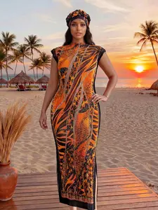 Elegant Leopard Print Wrap Dress with Long Scarf, Slim-Fitting Beach Cover-Up for All Seasons, Stylish Sun Protection for Women, Beach Outdoor Wear