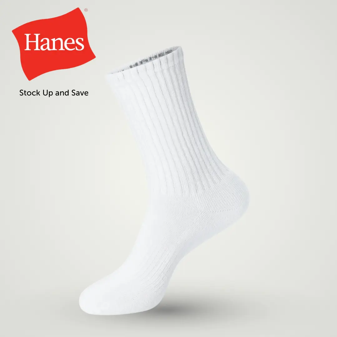 Hanes Unisex Crew Socks 6 Pack, Classic Plain Sock Cotton Blend, Cushioned Footbed for All-Day Comfort, Moisture-Wicking Breathable Fabric, Durable Heel & Toe Reinforcement, Ideal Everyday Athletic or Casual Wear, Fits Men & Women Multipack Socks PWS184