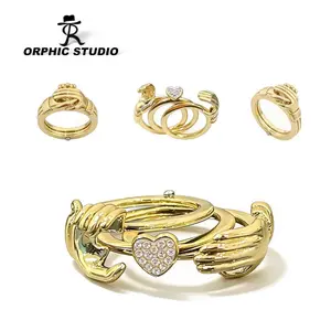 Orphic Couple Interlocking Stackable Rings Romantic Multi-Loop Design Heart Hug Cubic Zirconia Unisex Ring Perfect Gift for Lovers