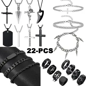 22pcs Punk Men Necklace Bracelet Rings Jewelry Set Vintage Titanium 316L 316L Stainless Steel Silvery Black Geometry Pendant Adjustable Rivets Bracelet Chic Cross Hang Tag Rose Pendant Necklace Stackable Rings Versatile Daily Wear Party Jewelry Holiday