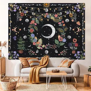 Plant Tapestries Moon Phases Tapestries Wall Decoration Bohemian Mandala Tapestry Aesthetics Bedroom Decoration Hippie Room Decoration Suitable for Bedroom Aesthetics Boho Floral Design